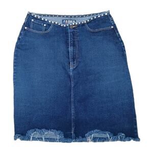 HI Jeans Size 14 Pearl Studded Denim Skirt Raw Hem Stretch High Rise Y2K Jean